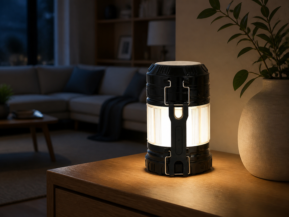Black collapsible solar camping lantern lighting a living room during a power outage