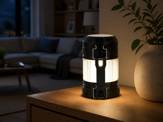Black collapsible solar camping lantern lighting a living room during a power outage