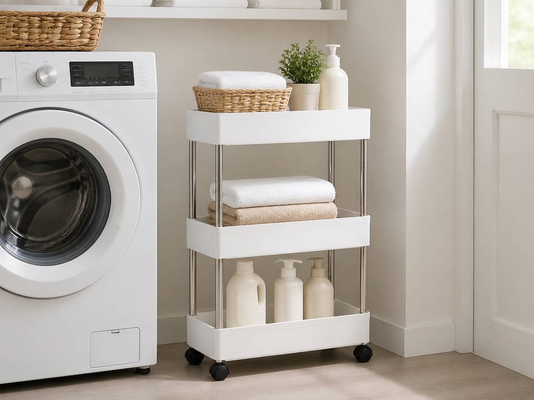White three-tier slim rolling storage cart organized in a compact laundry room