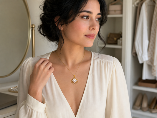 Woman wearing a gold-tone sun pendant necklace with a pearl-like center