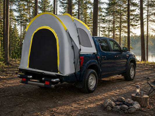 Gray and yellow 5-foot truck bed tent installed on a blue pickup at a pine forest campsite