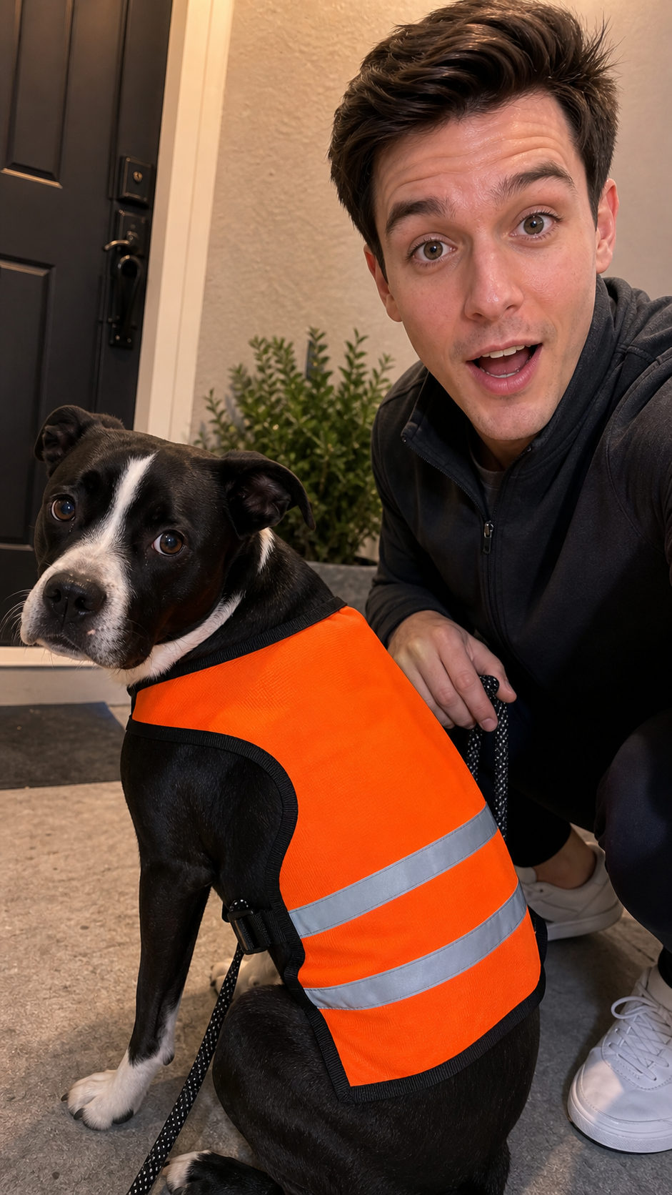 Dog wearing bright orange reflective safety vest by the front door before an evening walk