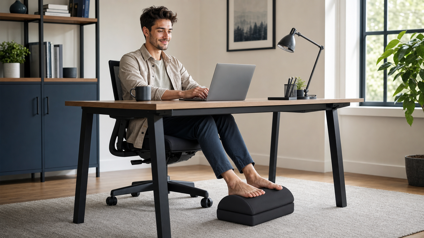Person using a memory foam under-desk footrest in a home office
