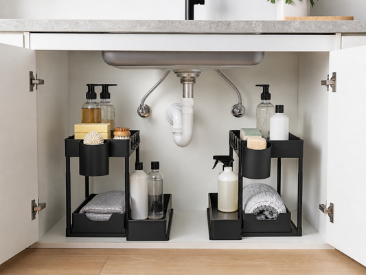Two black tiered organizers arranged around plumbing under a kitchen sink