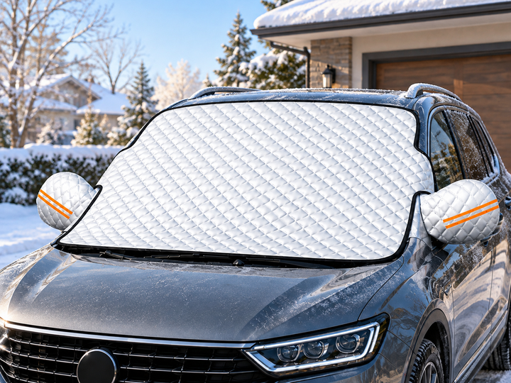 Silver quilted windshield snow cover fitted to a dark gray SUV on a snowy morning