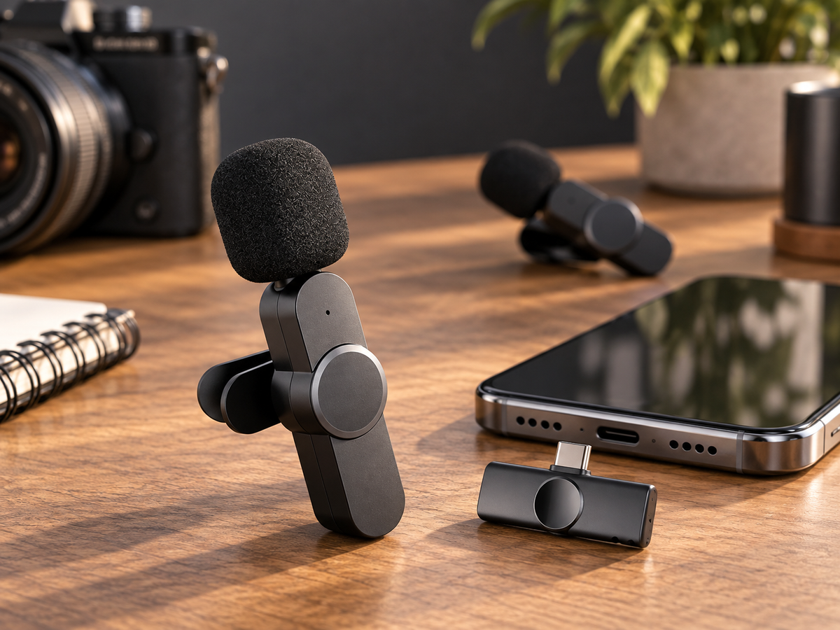 Wireless lavalier microphone kit beside a USB-C phone on a creator desk