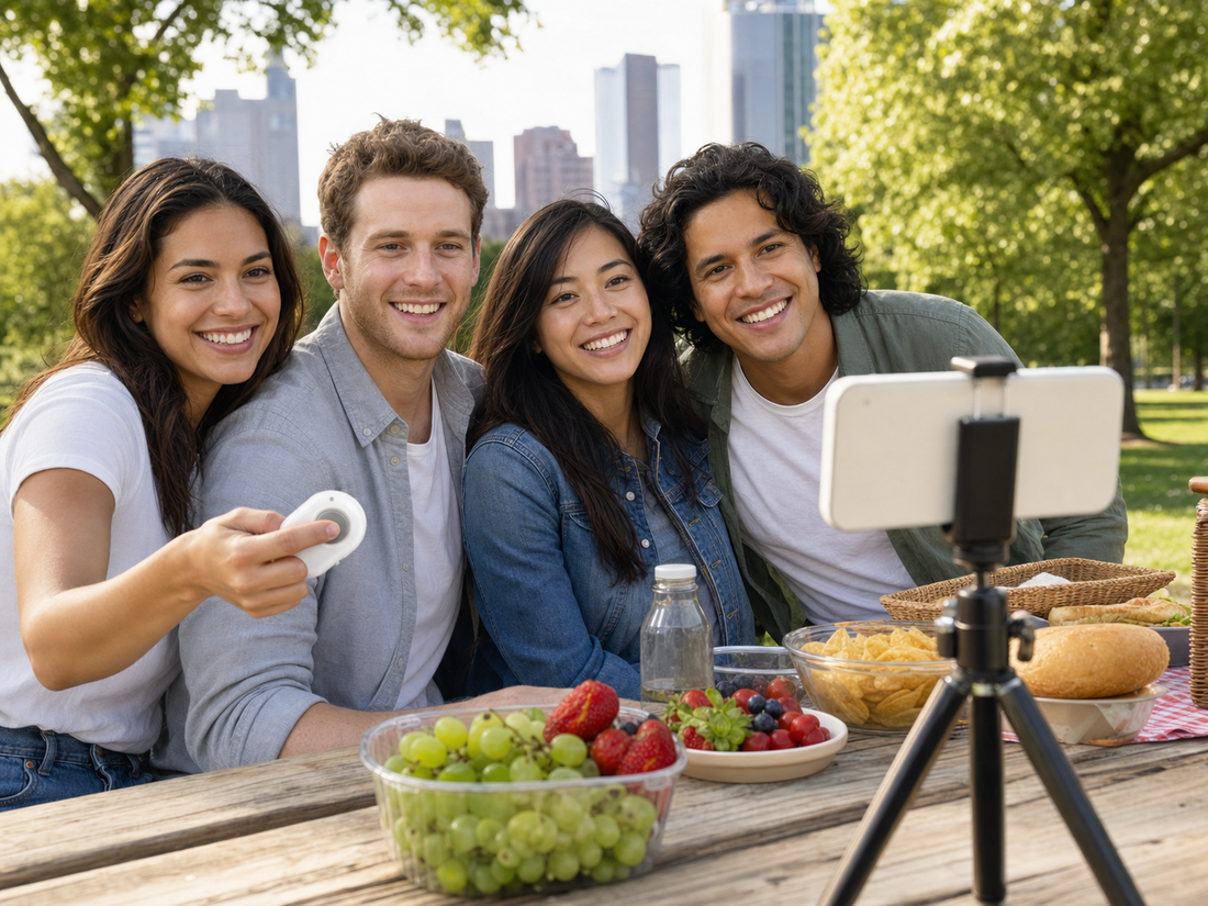 Friends taking a group photo with a phone tripod and white wireless shutter remote