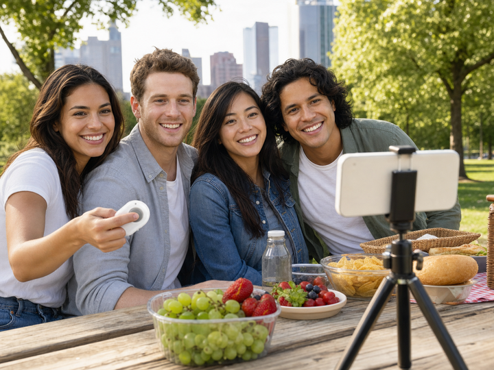 Friends taking a group photo with a phone tripod and white wireless shutter remote