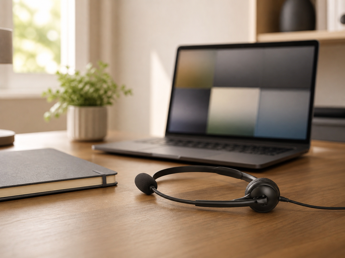 Black wired office headset with boom microphone on a home-office desk