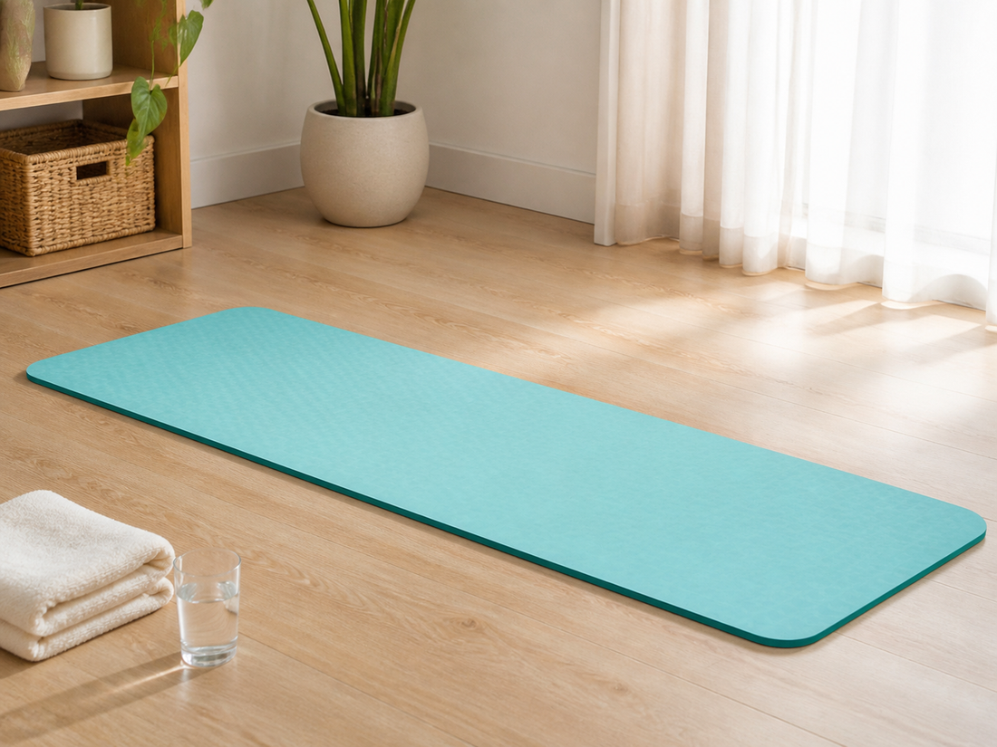 Turquoise non-slip yoga mat in a calm home workout space