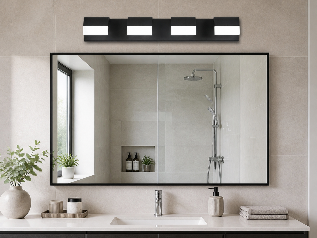 Four-light matte black vanity fixture above a wide bathroom mirror