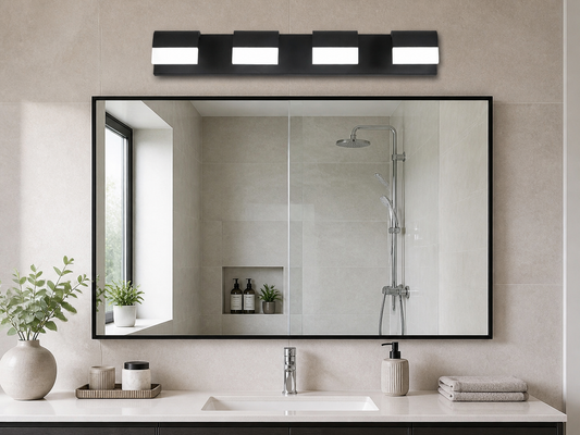 Four-light matte black vanity fixture above a wide bathroom mirror
