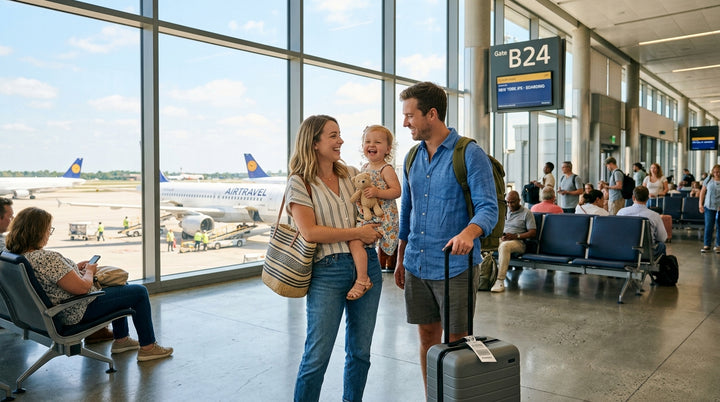 Happy family at airport with toddler and luggage ready for summer travel