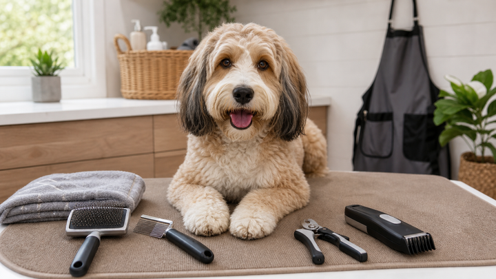 Dog on grooming table with slicker brush comb nail trimmer and grooming apron for home grooming tools