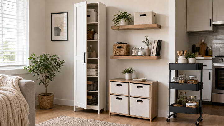 Compact apartment with tall storage cabinet floating shelves storage boxes and rolling cart