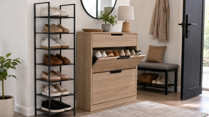 Small apartment entryway with vertical shoe rack and shoe cabinet for shoe storage ideas
