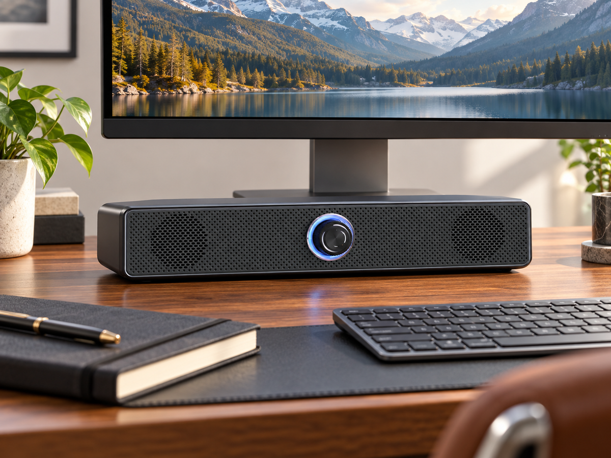 Black desktop Bluetooth speaker with dual driver zones and a blue-ringed center knob beneath a monitor