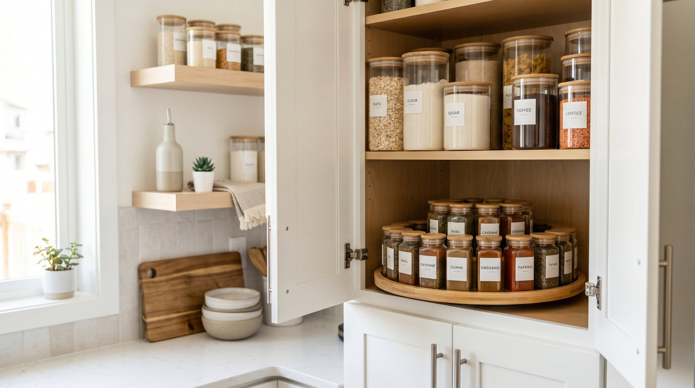 Kitchen organization ideas with lazy susan and storage jars