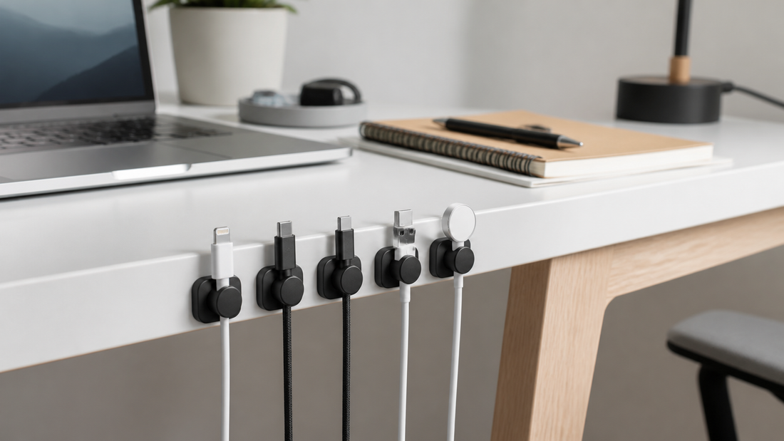 Magnetic cable clips organizing charging cables along a clean desk edge