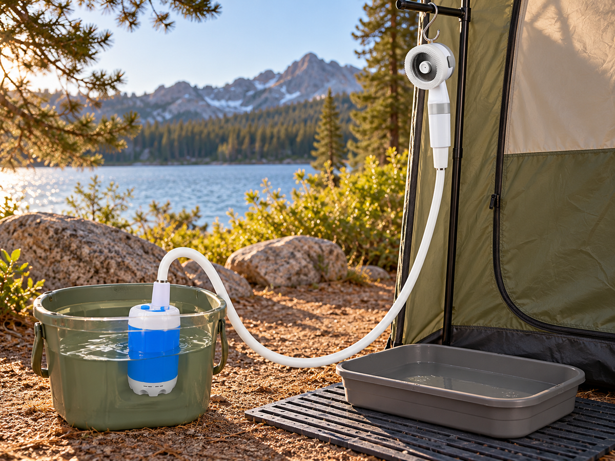 Blue and white portable camping shower pump, white hose, showerhead, water container, and gray-water basin at a campsite
