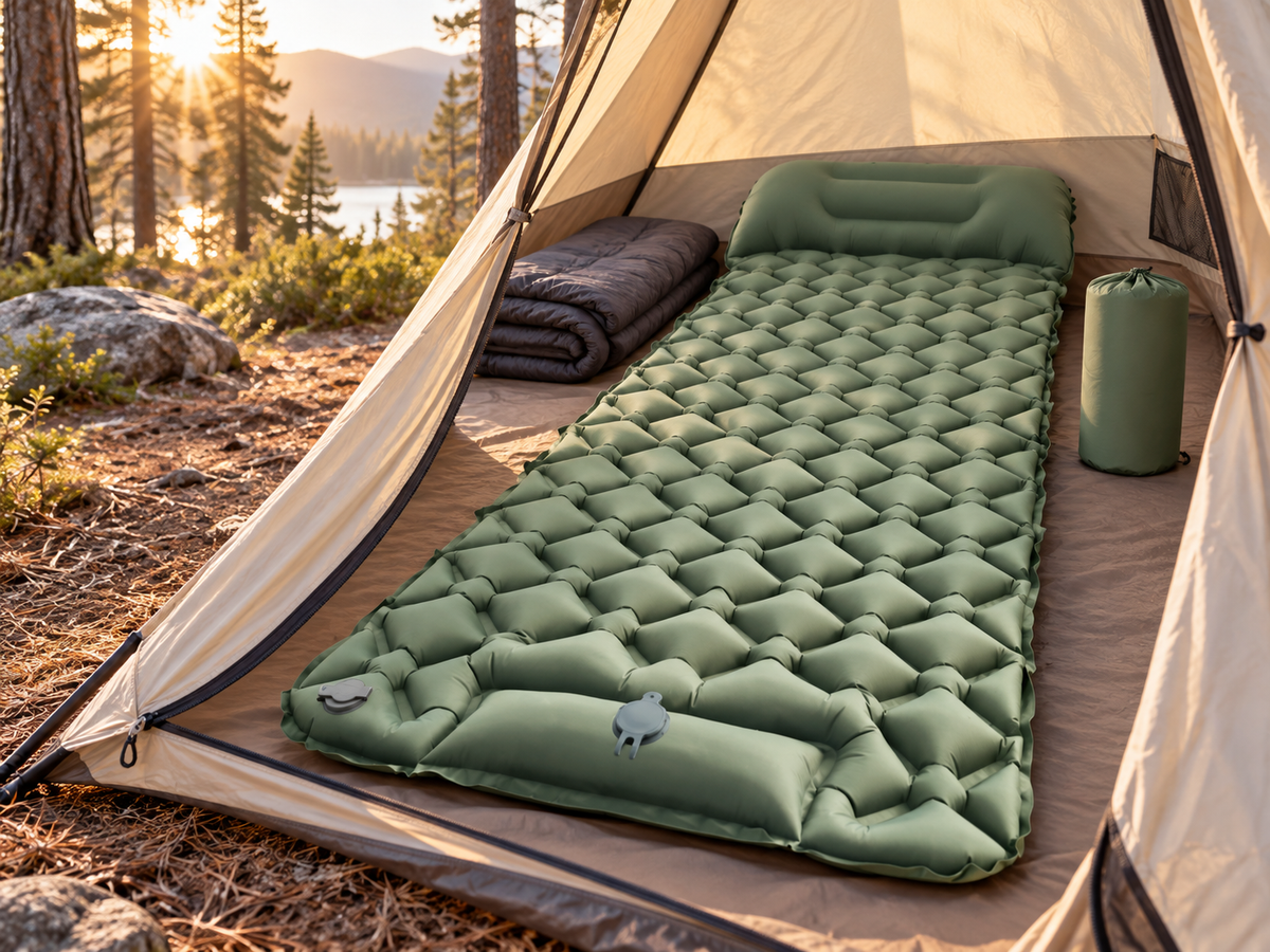 Military green foot-pump camping sleeping pad inside a tent at a pine forest campsite