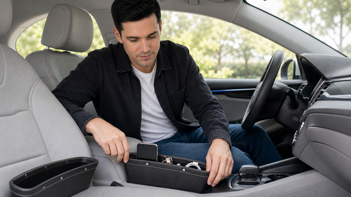 Driver installing a two-pack car seat gap organizer