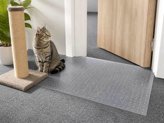 Clear cat carpet protector mat beside a scratching post at a doorway