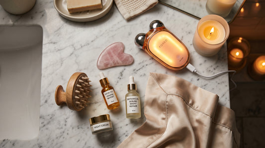 Skincare tools arranged on vanity for evening routine including facial massager and gua sha