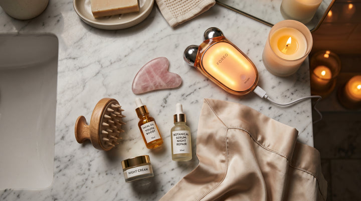 Skincare tools arranged on vanity for evening routine including facial massager and gua sha