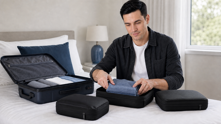 Traveler organizing a suitcase with three all-black compression packing cubes