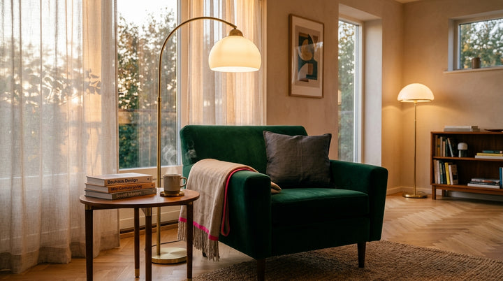Mid-century modern living room at golden hour with sculptural floor lamps and emerald velvet armchair