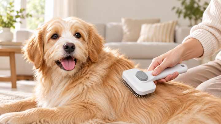 White self-cleaning deshedding brush used gently on a golden dog