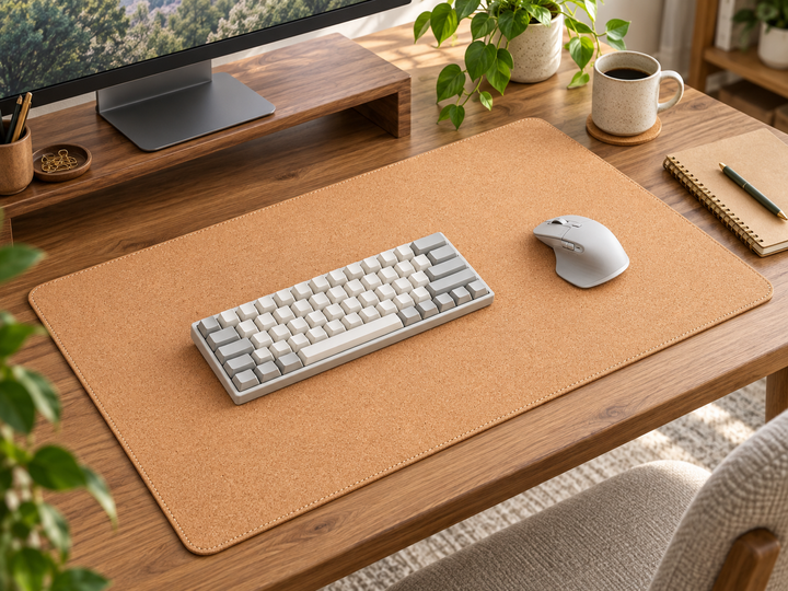 Light brown cork desk mat with stitched edges beneath a keyboard and mouse on a wood desk