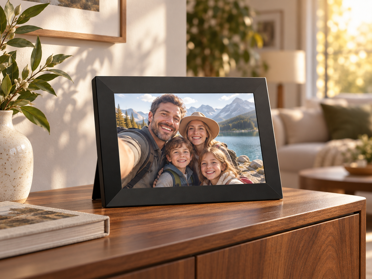 Black digital photo frame showing a family travel photo on a warm wooden sideboard