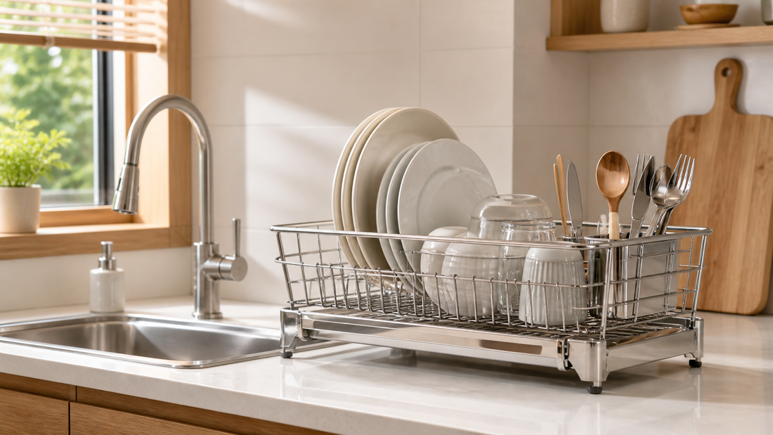 Expandable stainless steel dish drying rack beside a bright kitchen sink