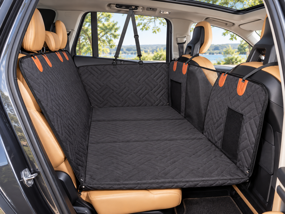 Black quilted hard-bottom dog car seat cover installed across an SUV rear seat