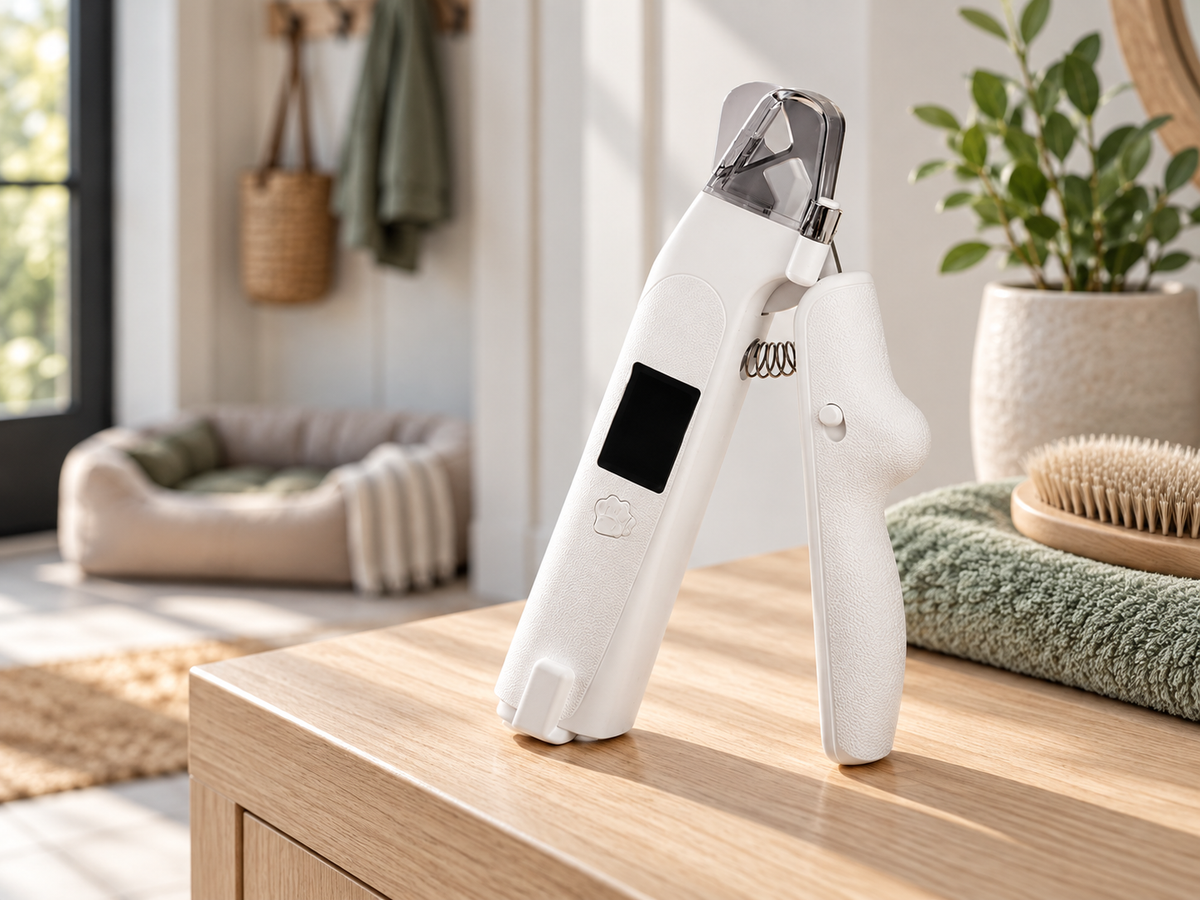 White two-in-one LED pet nail grinder and clipper on a pale oak grooming console
