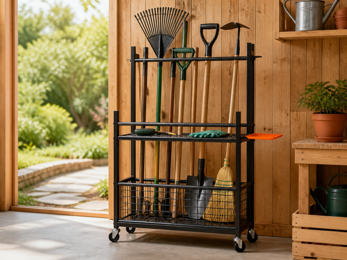 Rolling garden tool organizer in an orderly garden shed
