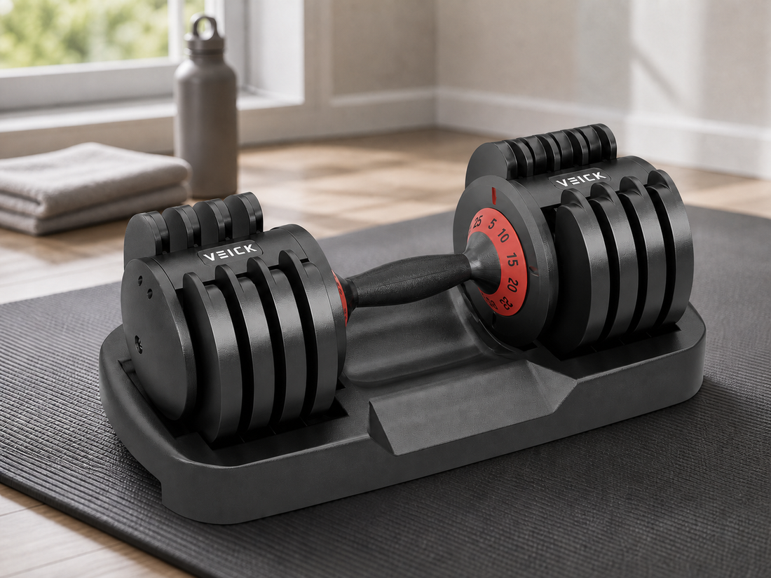 Black and red adjustable dumbbell in its cradle on a compact home gym mat