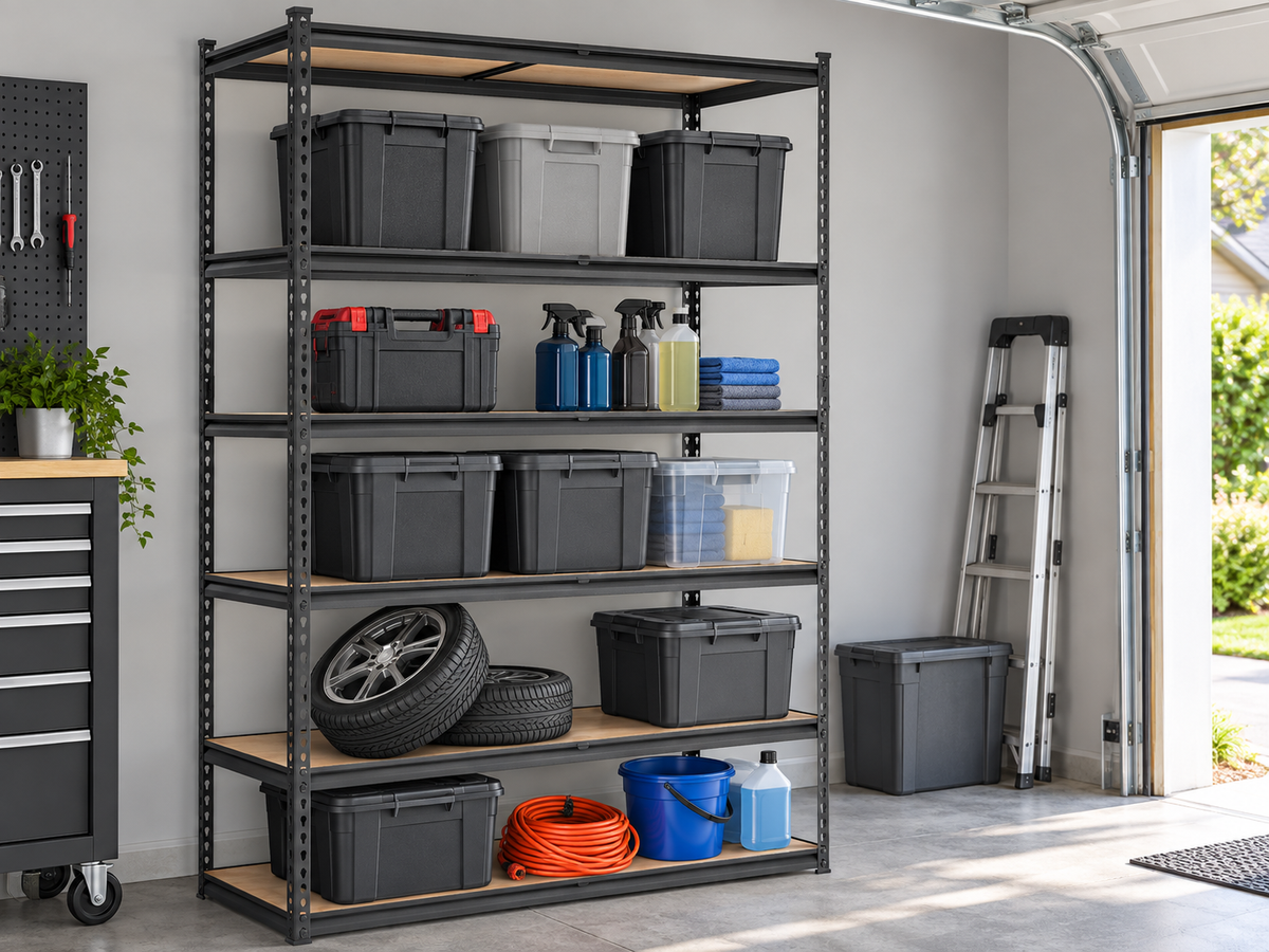 Black five-tier metal garage shelving organized with bins and tools