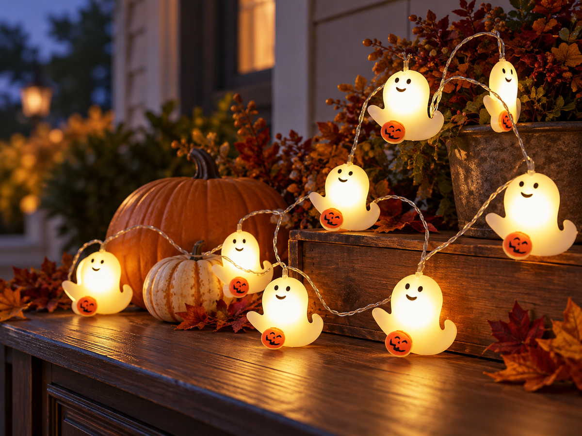 Warm ghost-shaped Halloween string lights arranged with pumpkins on an autumn porch