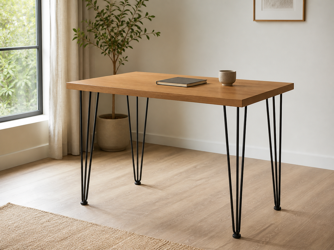 Matte black 24-inch hairpin table legs supporting a warm wood desk in a bright home office