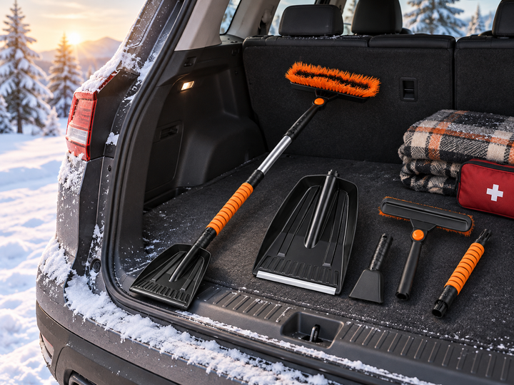 Black and orange snow removal kit arranged in a snowy car trunk
