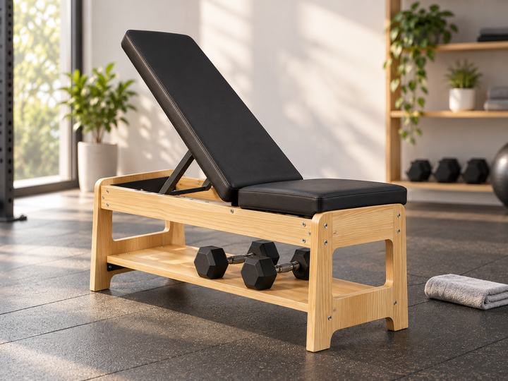Wood adjustable weight bench with black padding and dumbbell shelf in a home gym