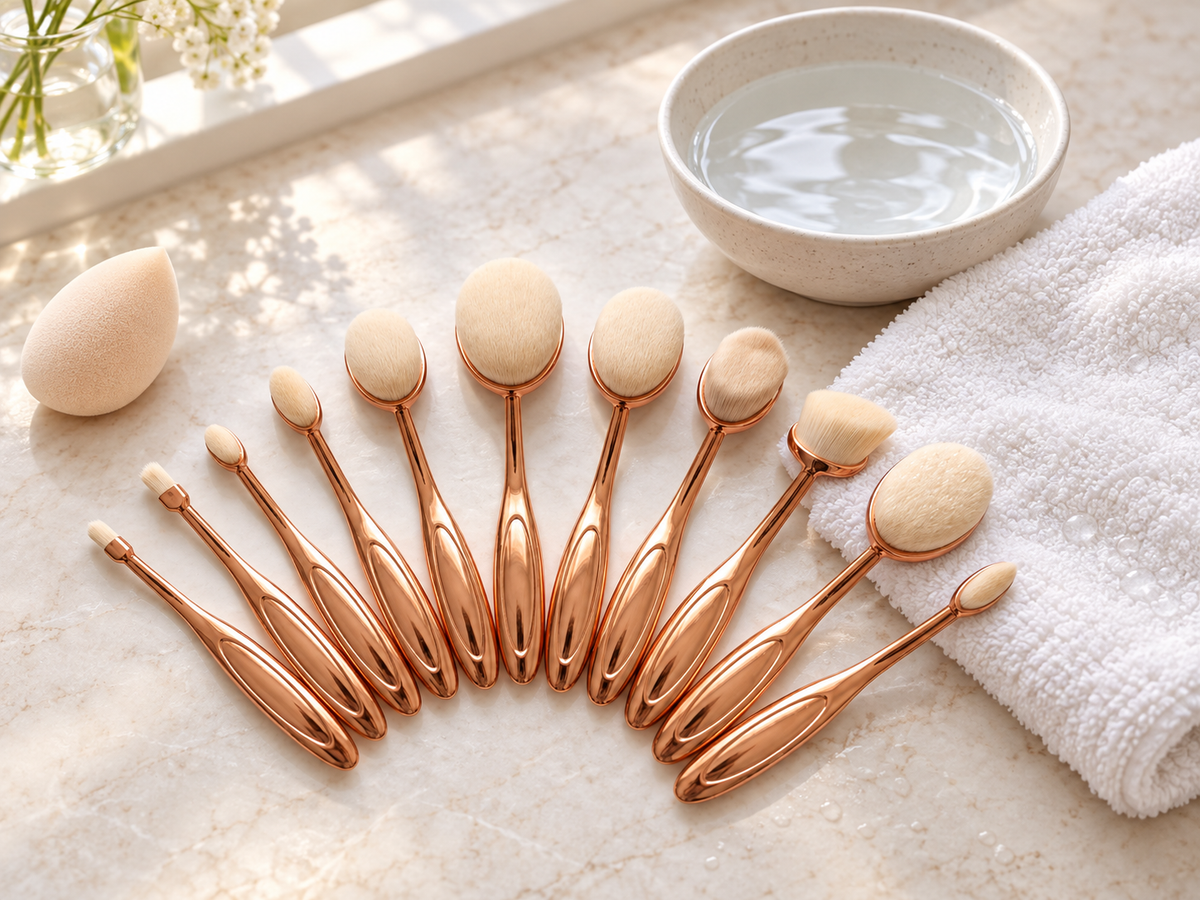 Rose-gold oval makeup brush set beside a towel, water bowl, and makeup sponge