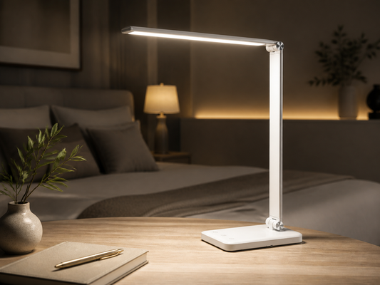 White foldable LED desk lamp illuminating a layered bedroom workspace