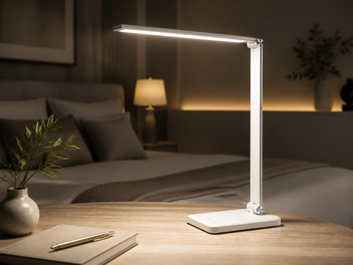 White foldable LED desk lamp illuminating a layered bedroom workspace