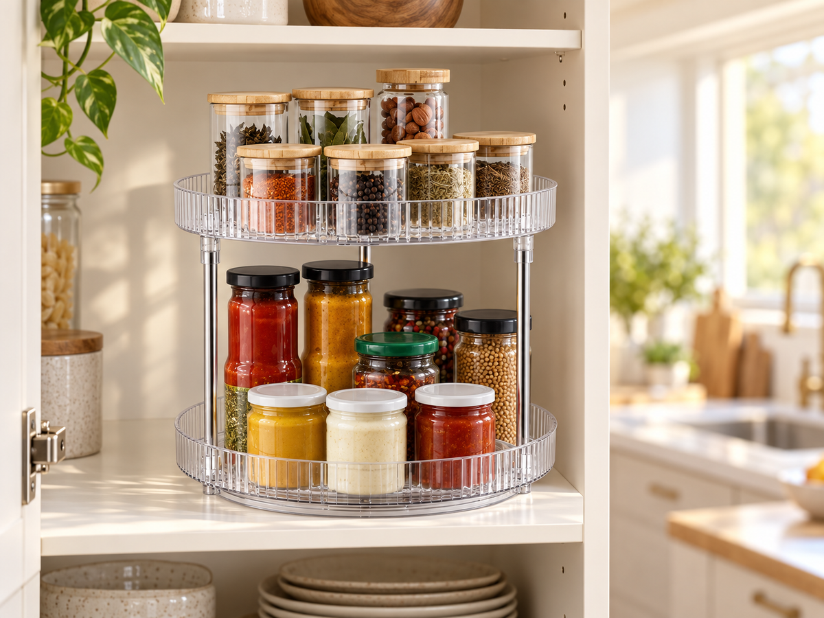 Clear two-tier lazy Susan spice organizer inside a kitchen cabinet