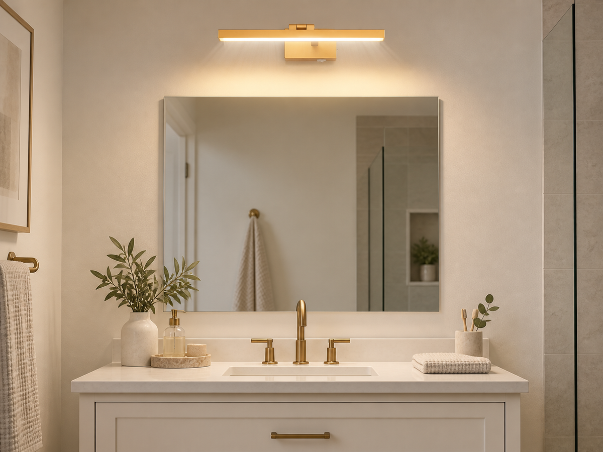 Gold LED bathroom vanity light centered above a frameless mirror