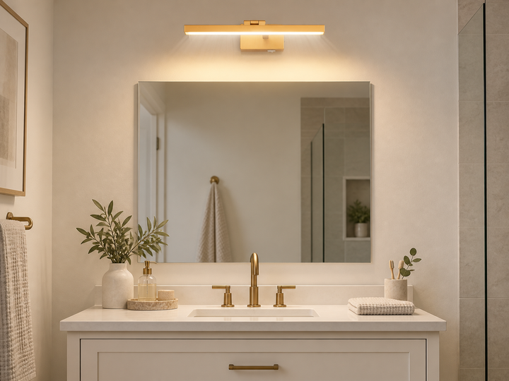 Gold LED bathroom vanity light centered above a frameless mirror